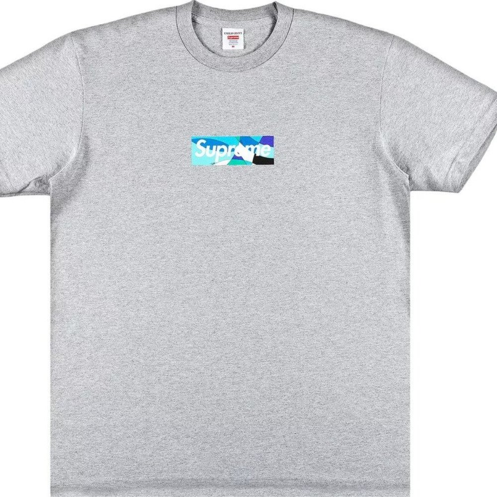 Supreme Emilio Pucci Box Logo Tee Heather Grey/Blue SS21 size Large NEW